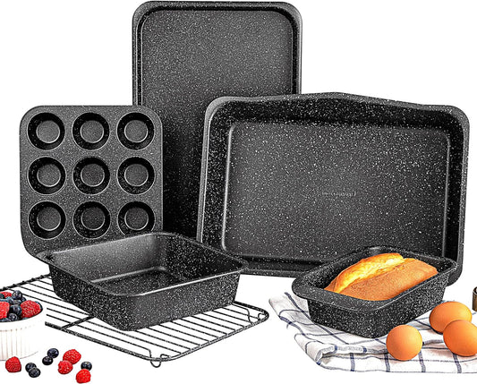 Granite Stone Pro 5-teiliges Backgeschirr-Set, 0,8 mm Stärke, langlebige Antihaft-Oberfläche, ofenfest bis 380 °C ohne Verformung, spülmaschinenfest, Backblech, Muffinform, Kastenform und runde Form und rechteckiges XL-Blech