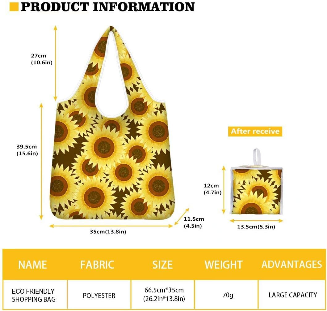 AFPANQZ Sunflower Grogcery Bag Foldable into Attacted Pocket Machine Washable Reusable Shopping Bags for Groceries Polyester Grocery Tote with Handle Heavy Duty Shoulder Totes Storage Yellow Black