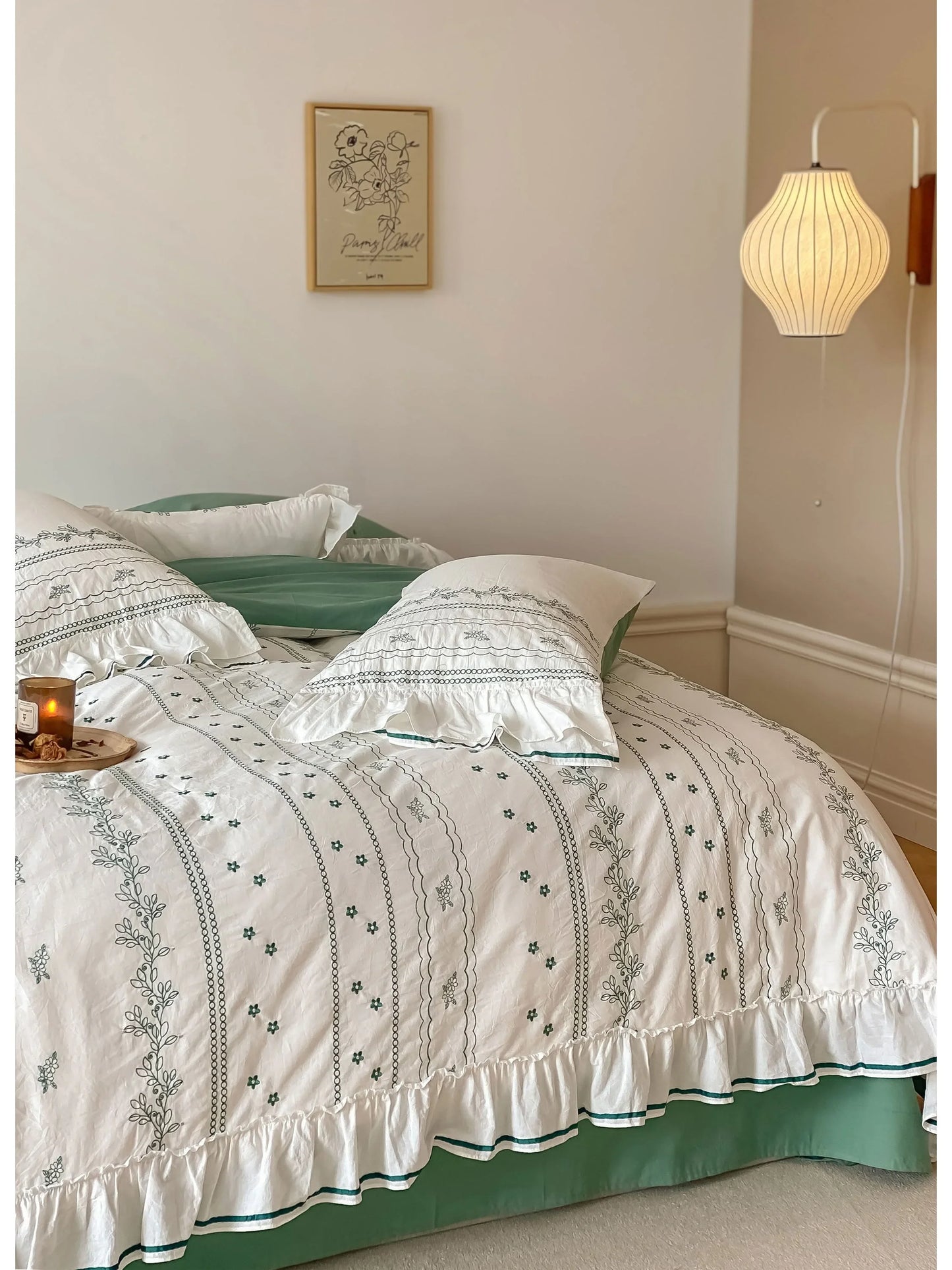 Ruffled Floral Vine Embroidered Cotton Bedding Set