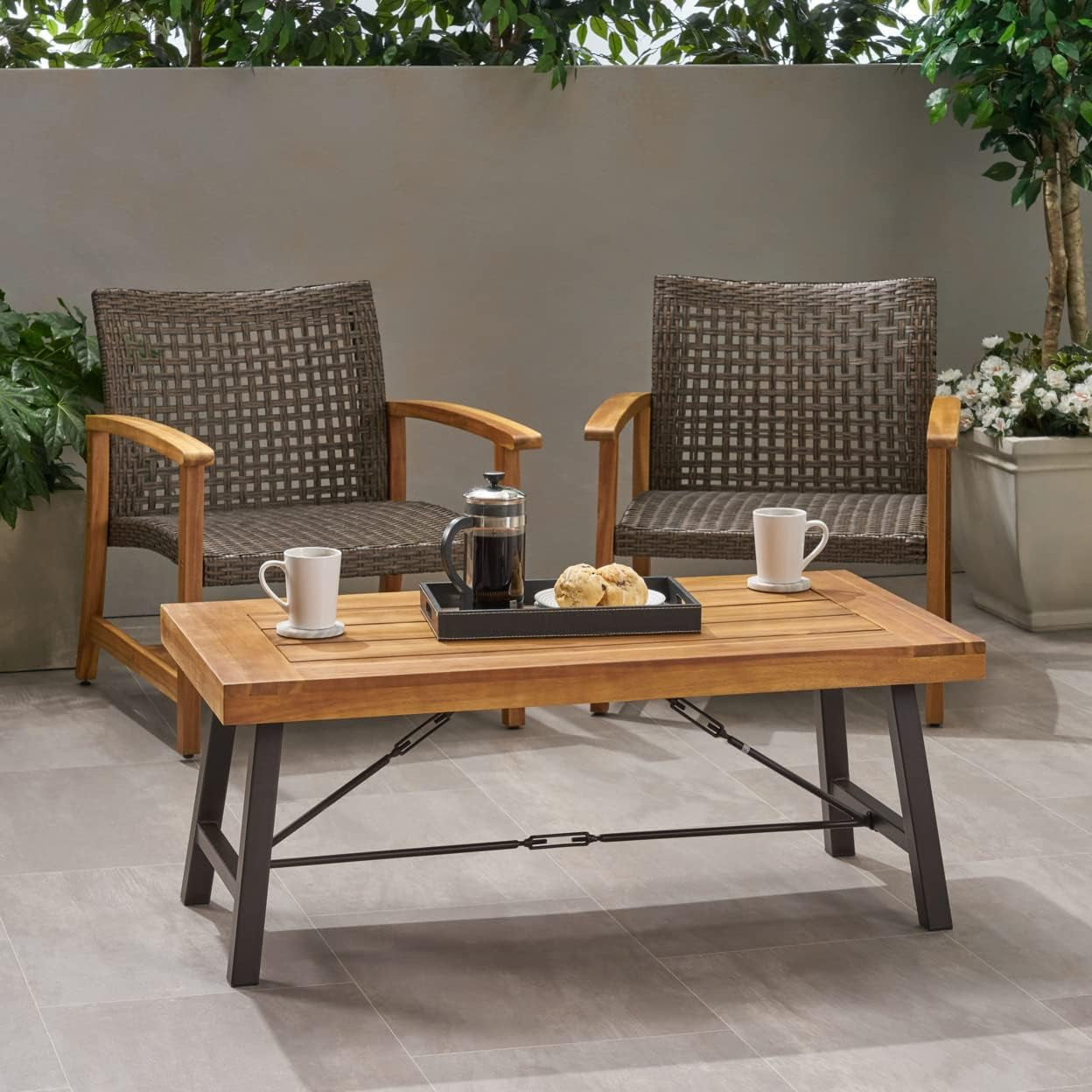 Christopher Knight Home Catriona Outdoor Acacia Wood Coffee Table, Teak Finish / Rustic Metal Brown and Black Coffee Tables Lawn & Garden Patio Patio Furniture & Accessories Tables