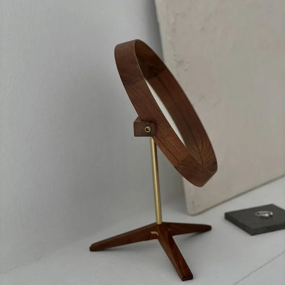 Natural Grain Round Walnut Wood Desktop Mirror