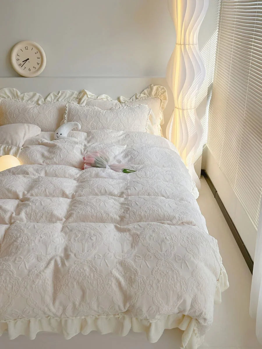 Plush Ruffled Embossed Bow Flannel Fleece Bedding Set