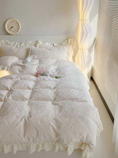 Plush Ruffled Embossed Bow Flannel Fleece Bedding Set