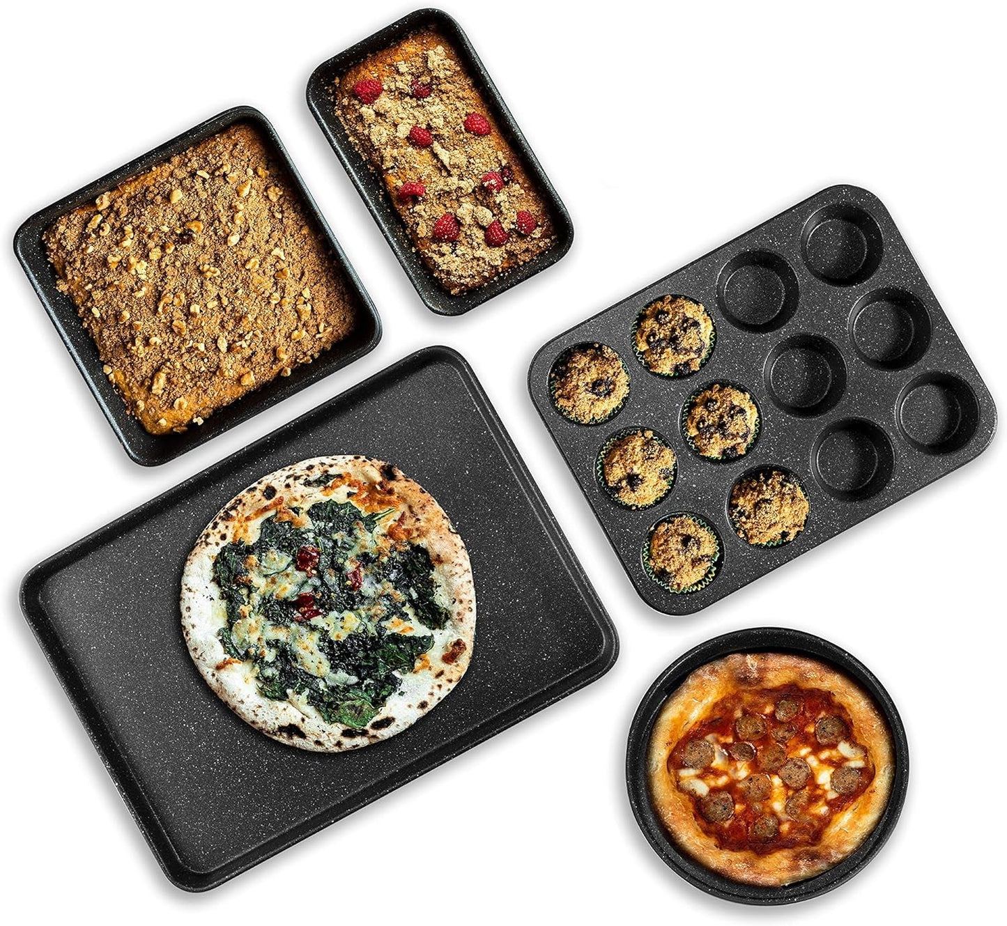 Granite Stone Pro 5 Piece Bakeware Set, 0.8MM Gauge, Durable Nonstick Surface, Oven Safe 550°F with No Warping, Dishwasher Safe, Cookie Sheet, Muffin Pan, Loaf Pan & round Pan and XL Rectangular Tray