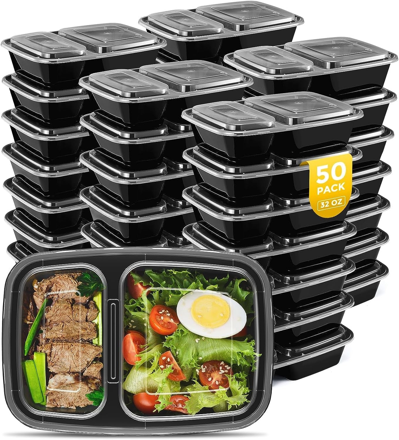 Glotoch 50 Pack 32 Oz Meal Prep Containers Reusable, 2 Compartment Food Containers with Lids to Go Containers, Lunch-Microwave,Freezer,Dishwasher Safe Boxes Disposables Food Service Equipment & Supplies Industrial & Scientific Take Out Containers