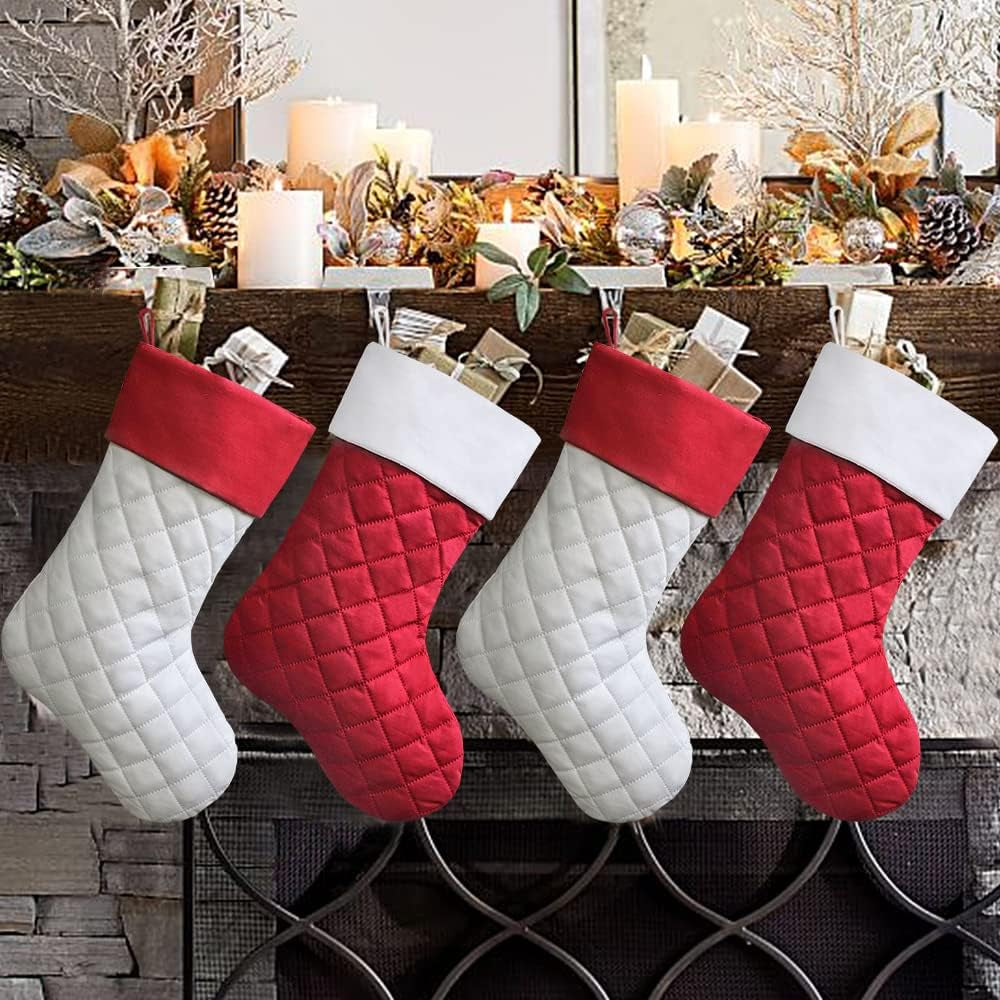 Ivenf Christmas Stockings, 4 Pcs 18 Inches Quilted Cotton Red or White Thick Luxury Stockings, for Family Holiday Xmas Party Decorations… Home & Kitchen Seasonal Décor Stockings Stockings & Holders