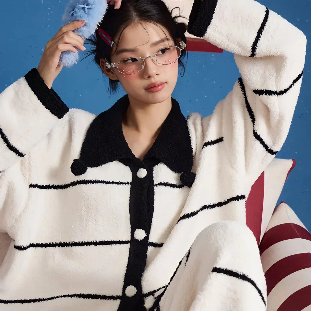 Plush Striped Fleece Pajama Set with Bow Detail