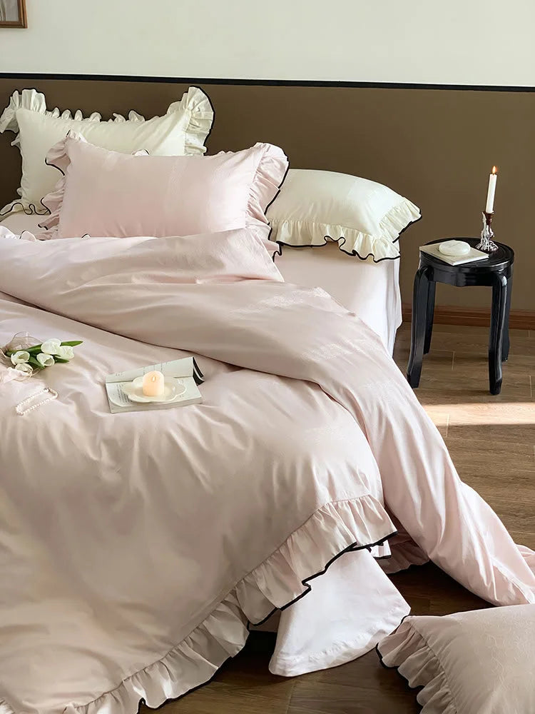 Silky Ruffled Jacquard Tencel Bedding Set with Contrast Trim