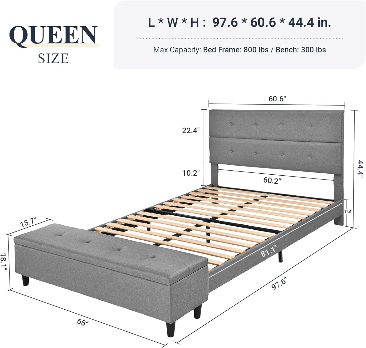 Allewie Queen Bed Frame with 120L Ottoman Storage, Upholstered Platform Bed Frame with Mattress Foundation, Wood Slat Support, No Box Spring Needed, Grey Bed Frames Bedroom Furniture Beds Frames & Bases Furniture Home & Kitchen