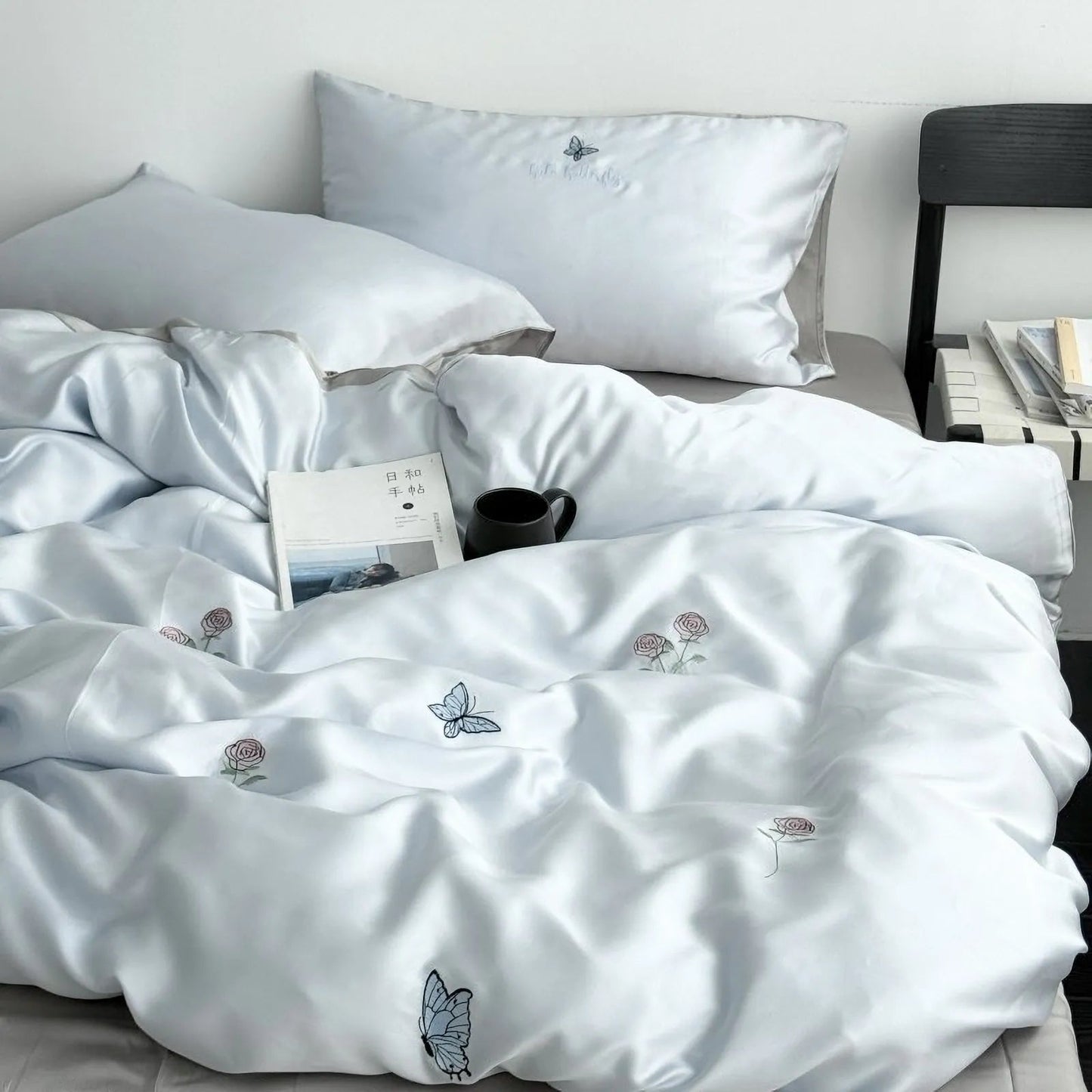 Silky Embroidered Butterfly & Rose Tencel Bedding Set