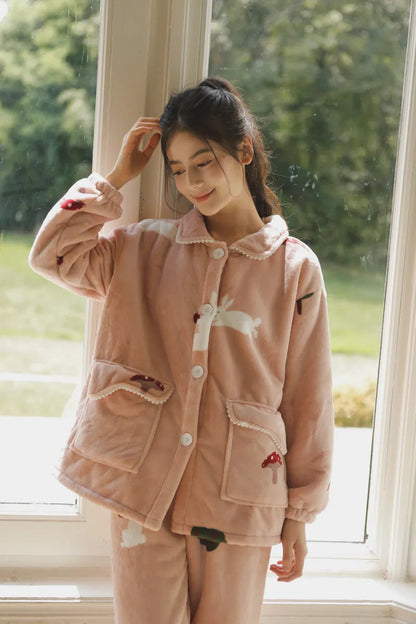 Plush Rabbit & Mushroom Flannel Fleece Pajama Set