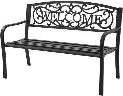 Giantex Garden Bench, Antique Metal outside Bench W/Warm Welcome Pattern, Elegant Bronze Finish and Durable Iron Frame for Park Yard Porch Chair (Black) Benches Lawn & Garden Patio Patio Furniture & Accessories Patio Seating