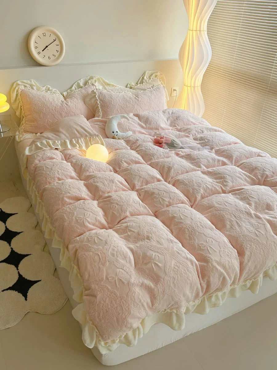 Plush Ruffled Embossed Bow Flannel Fleece Bedding Set