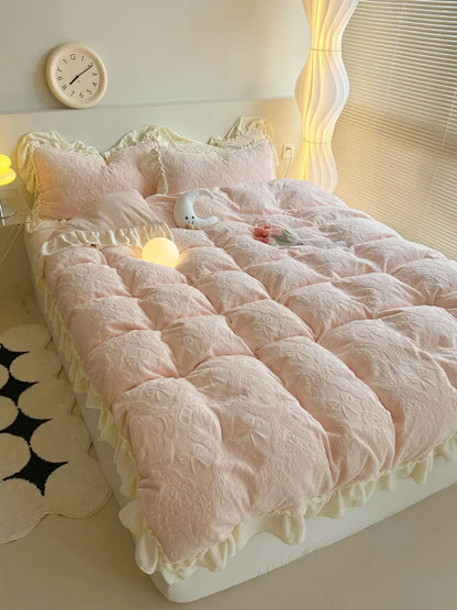 Plush Ruffled Embossed Bow Flannel Fleece Bedding Set