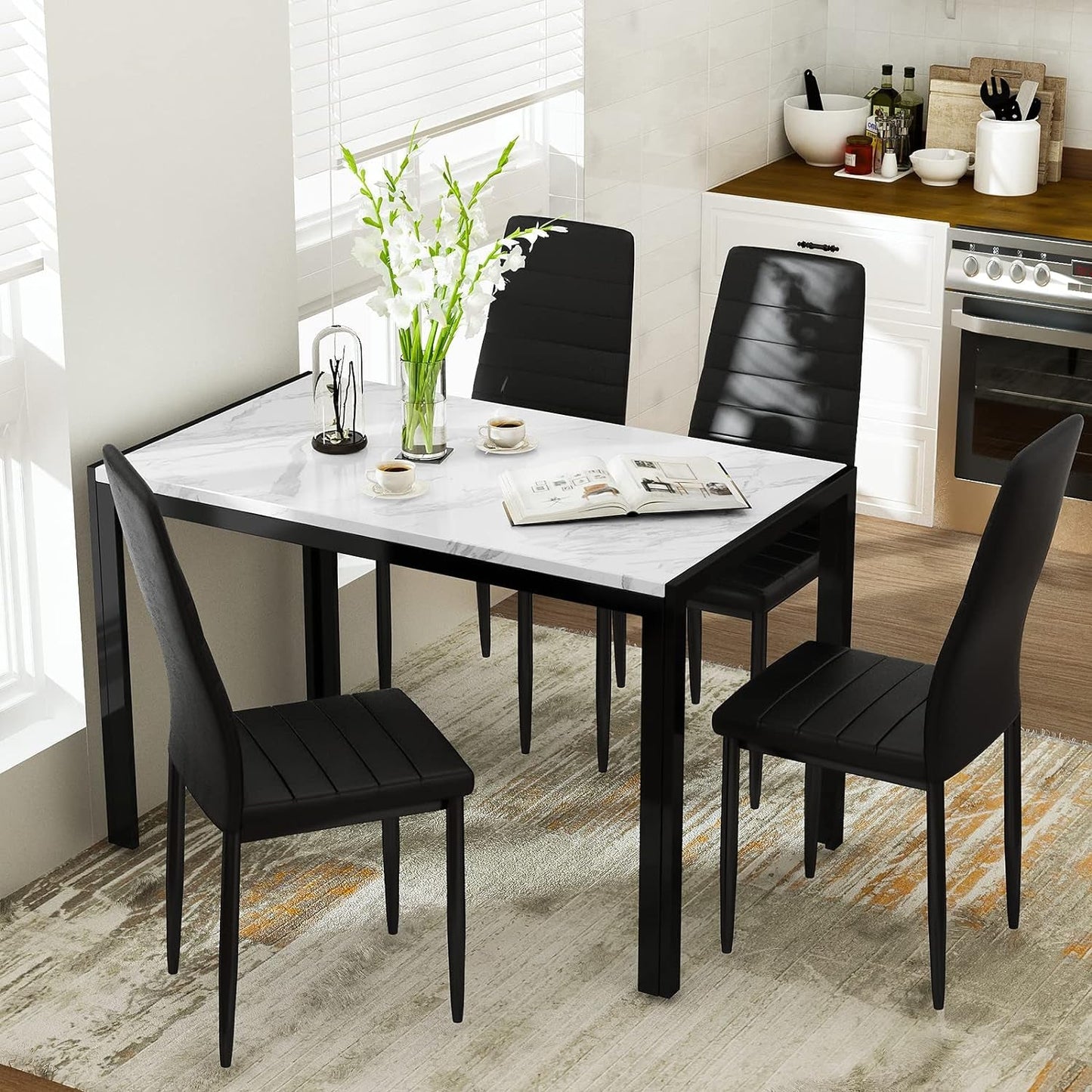 AWQM Marble Dining Table Set for 4, Rectangular Faux Marble Table and 4 PU Leather Chairs, 5 Pieces Kitchen Table Set,Ideal for Living Room, Dining Room,Breakfast Nook, White&Black Dining Room Furniture Furniture Home & Kitchen Table & Chair Sets