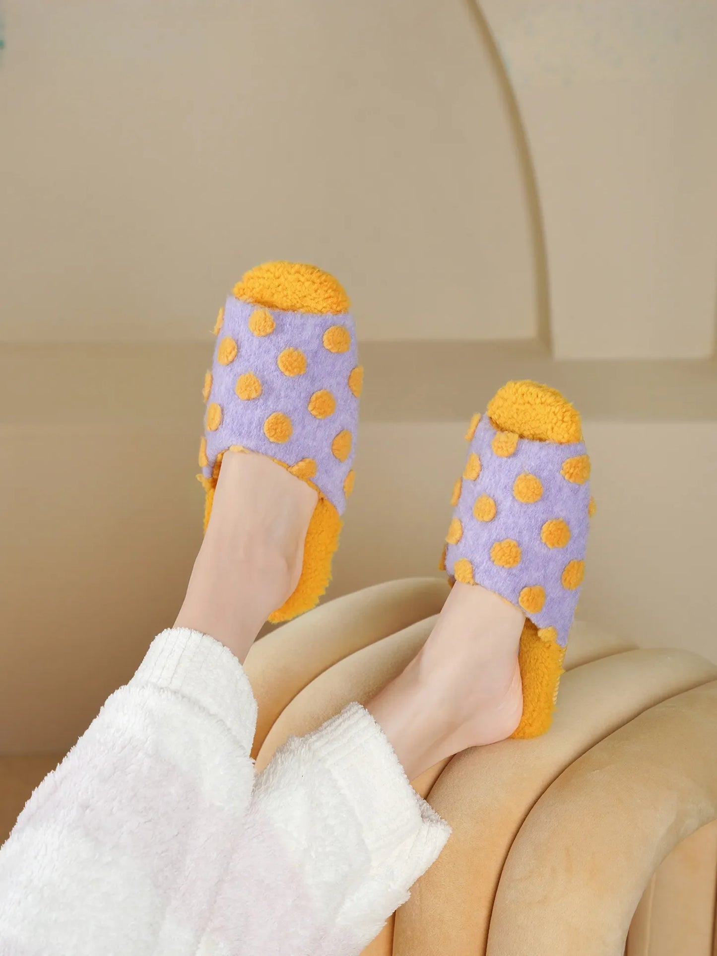 Plush Polka Dot Fuzzy House Slippers