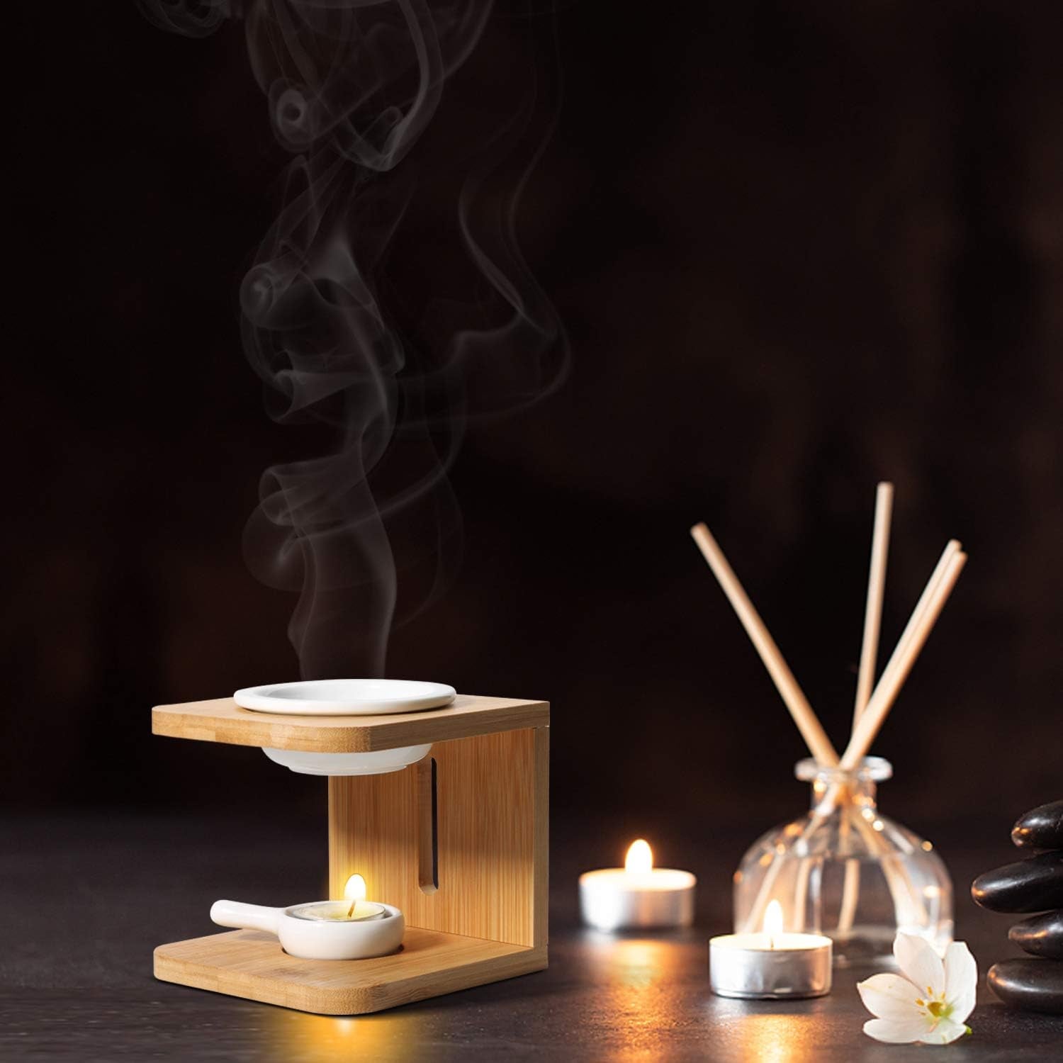 Comsaf Wooden Essential Oil Burner, Scented Wax Melt Burner with Candle Holder, Aromatherapy Aroma Burner Oil Diffuser Candle Tealight Oil Warmer Yoga Spa Home Bedroom Decor Gift, Pack of 2 White Candleholders Candles & Holders Home & Kitchen Home Décor Products Tea Light Holders