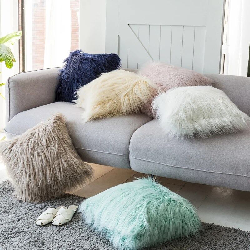 Dusty Faux Fur Cushion Cover fluffy furry tassel