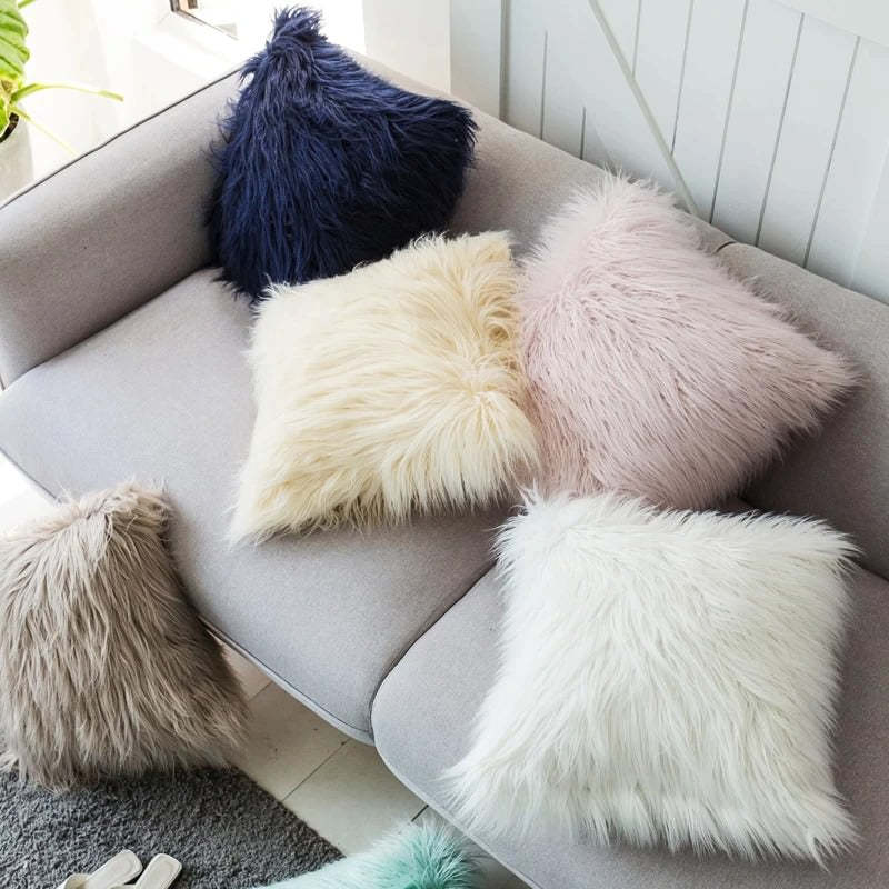 Dusty Faux Fur Cushion Cover fluffy furry tassel