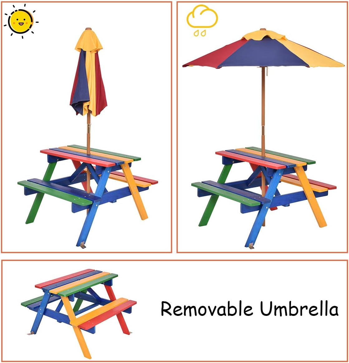 Costzon Kids Picnic Table Set, Colorful Wood Picnic Table and Benches with Removable/Folding Umbrella, Children Rainbow Bench Outdoor Patio Set Lawn & Garden Patio Patio Furniture & Accessories Picnic Tables Tables