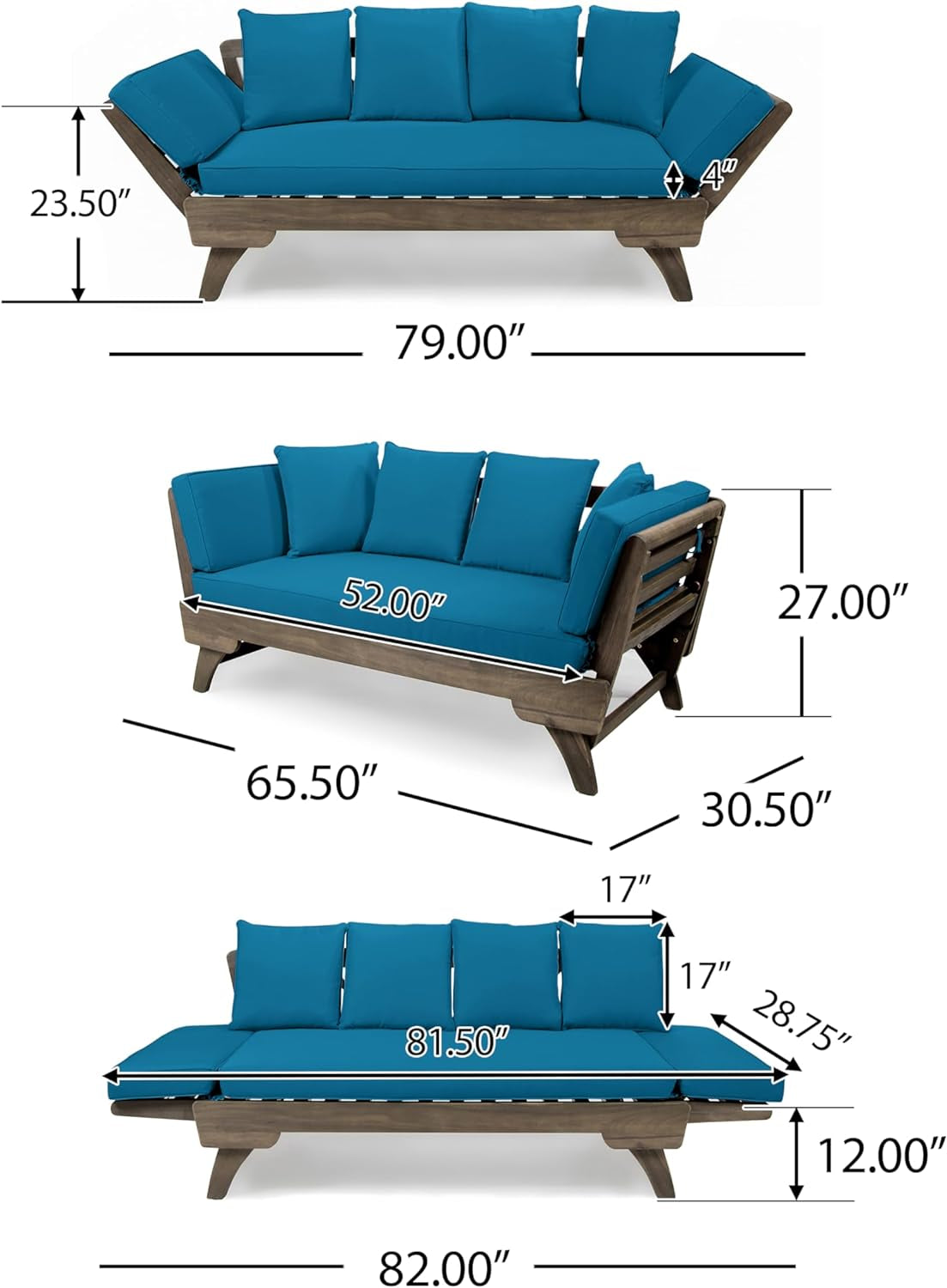 Christopher Knight Home Aldrich Outdoor Acacia Wood Expandable Daybed with Water Resistant Cushions, Dark Teal and Gray Gardening & Lawn Care Hand Tools Lawn & Garden Patio Tool Sets