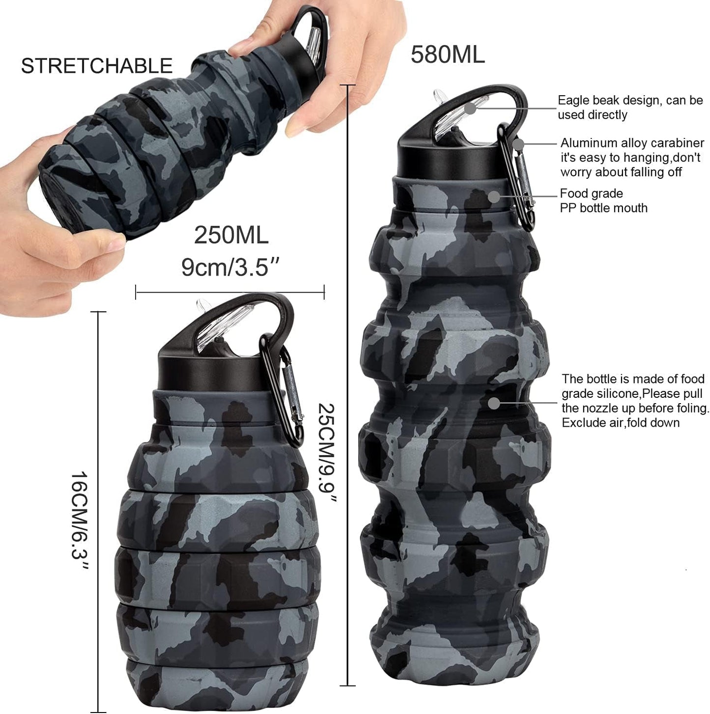 Collapsible Travel Water Bottle18Oz, Reuseable Silicone Foldable Water Bottles for Gym Camping Hiking, Portable Leak Proof Sports Water Bottle with Carabiner (Dark Gray Camouflage Cup) Sports & Outdoor Recreation Accessories Sports & Outdoors Sports Water Bottles