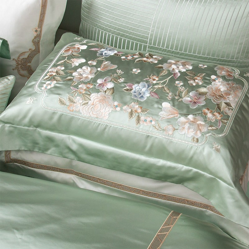 Esana Green Embroidered Egyptian Cotton Satin Bedding Set