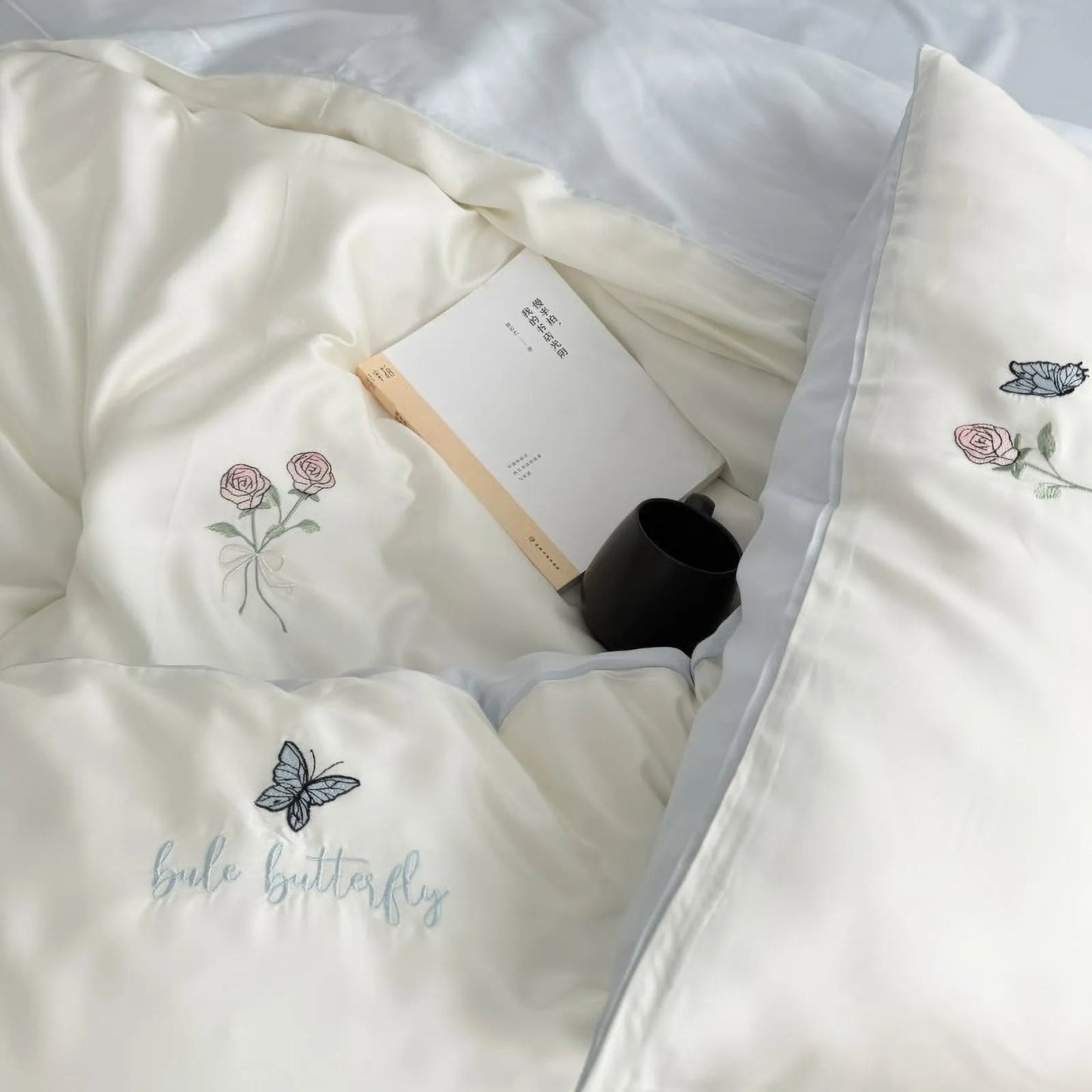 Silky Embroidered Butterfly & Rose Tencel Bedding Set
