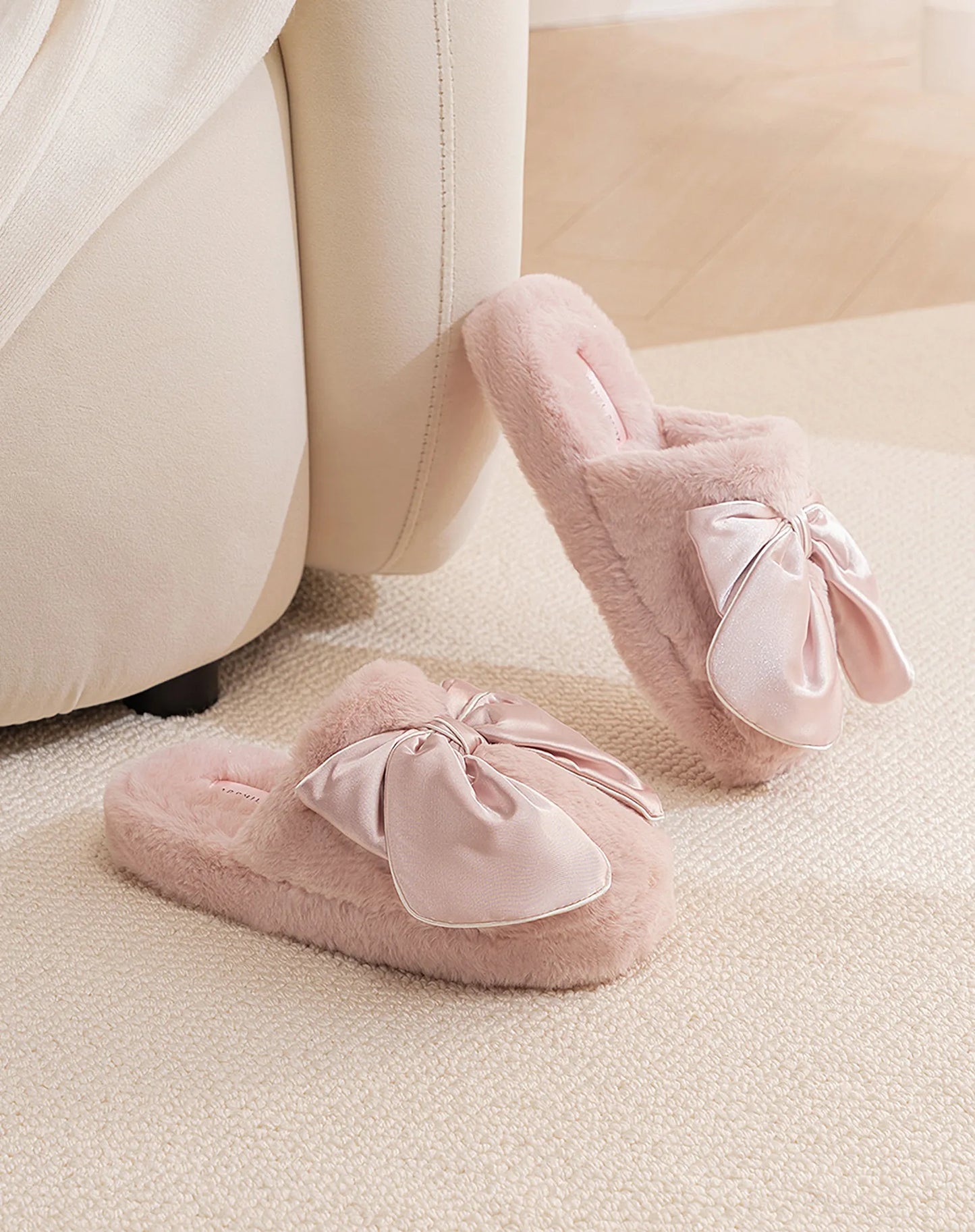 Plush Satin Bow Faux Fur House Slippers