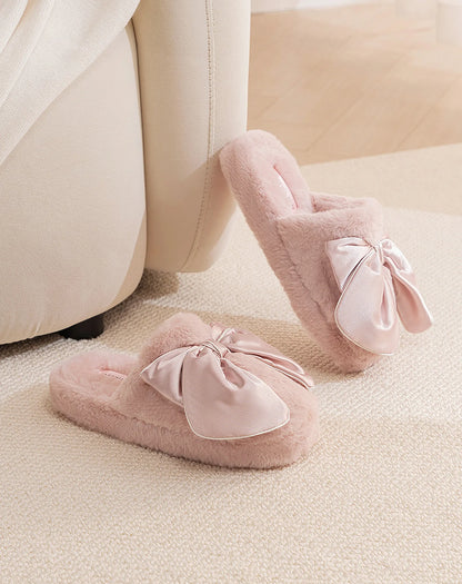 Plush Satin Bow Faux Fur House Slippers