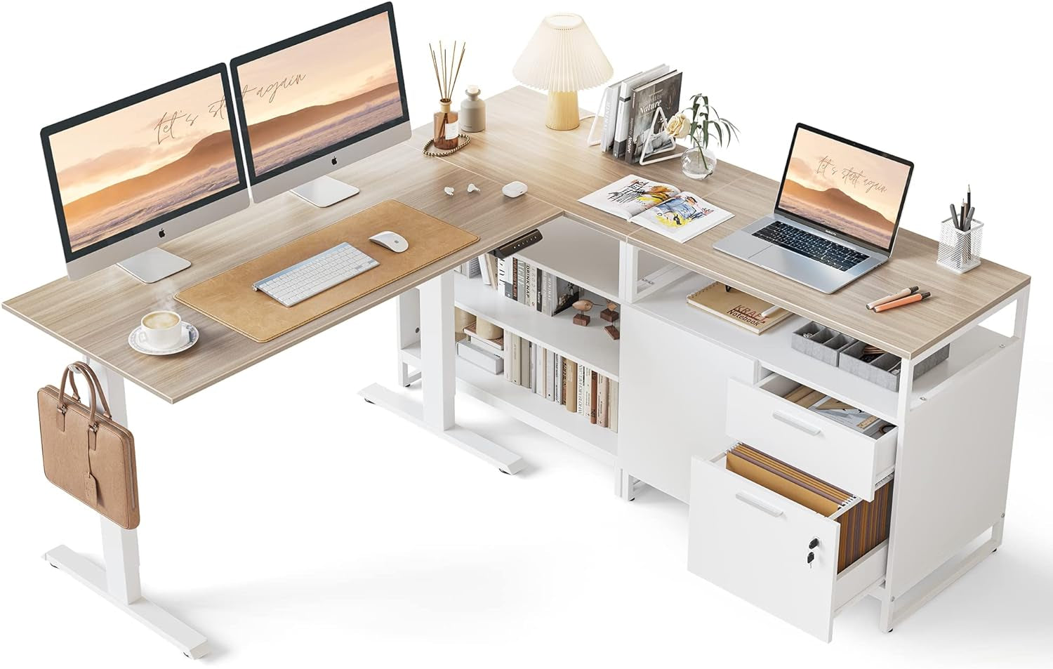 FEZIBO Triple Motor 63" L Shaped Standing Desk with 3 Drawers, Electric Standing Gaming Desk Adjustable Height, Corner Stand up Desk with Splice Board, White Frame/White Top Furniture Home & Kitchen Home Office Desks Home Office Furniture