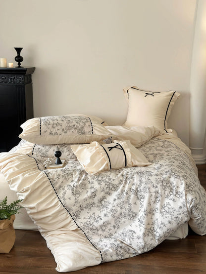 Ruffled Botanical Toile Washed Cotton Bedding Set