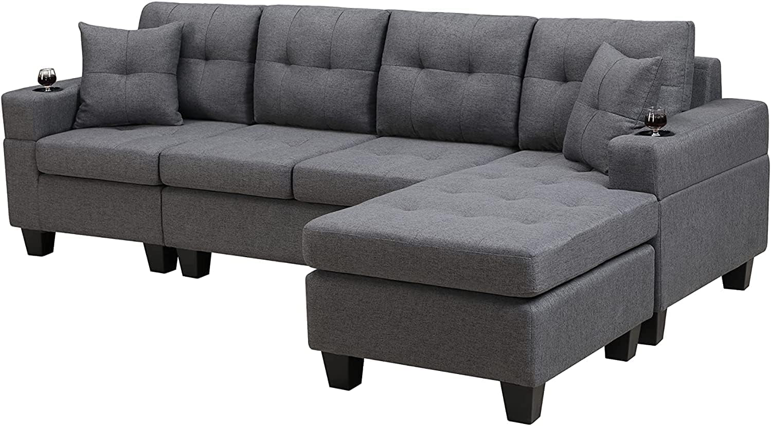 Gray Sectional Sofa with Reversible Left/Right Chaise Lounge and 2 Cup Holders, 4-Seat L-Shaped Couch for Home Apartment Living Room Compact Space Furniture Furniture Home & Kitchen Living Room Furniture Sofas & Couches