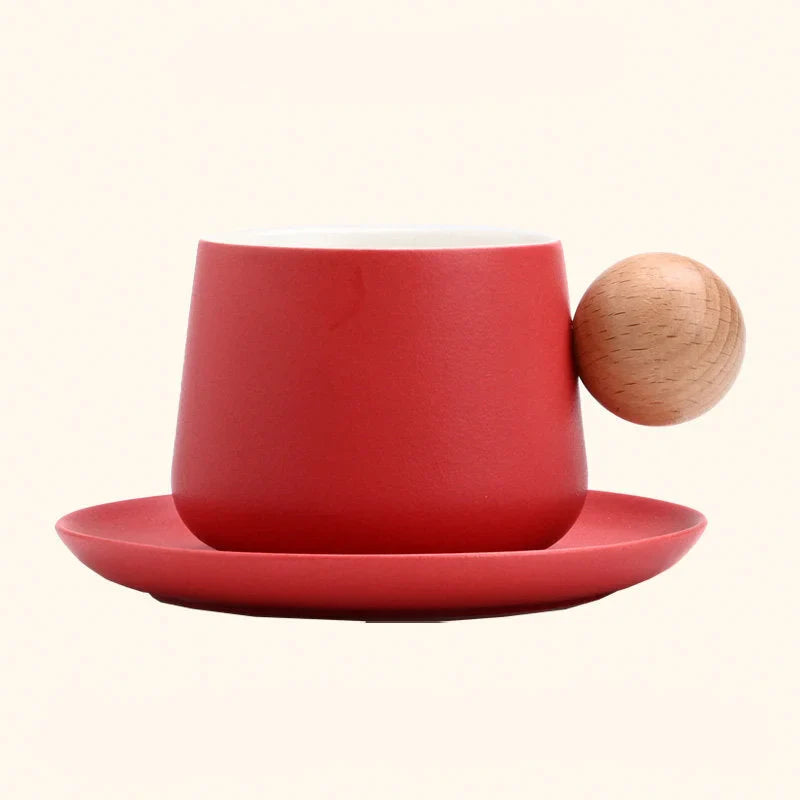 Frosted Ceramic Mug and Saucer with Wooden Ball Handle