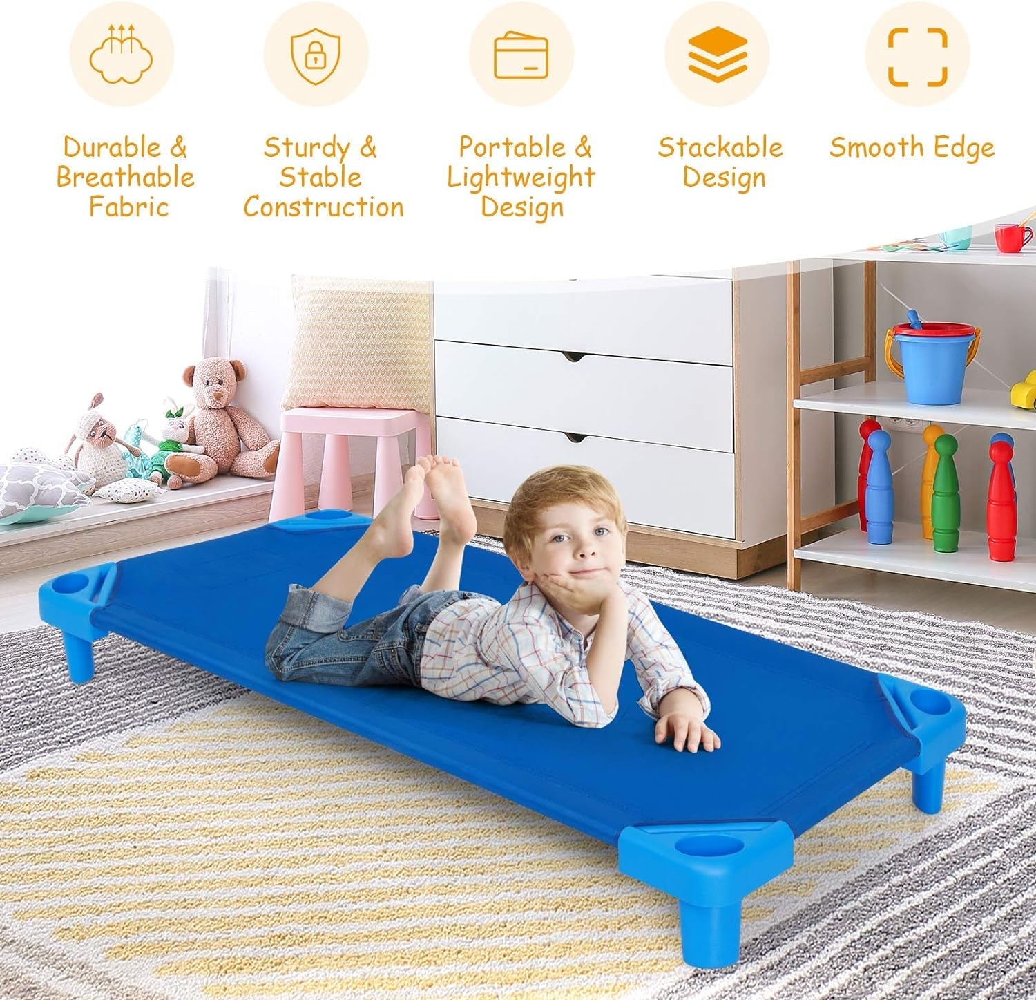 Costzon Daycare Cots for Kids, Pack of 6, 51” L X 22.5” W Stackable Nap Cots with Easy Lift Corners, Ready-To-Assemble, Preschool Classroom Daycare Beds for Sleeping, Resting, Naptime (Dark Blue) Baby Products Furniture Infant & Toddler Beds Nursery Toddler Beds