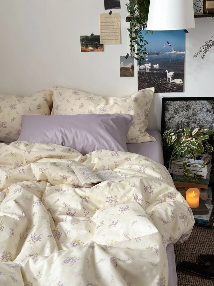 Soft Wisteria Floral Washed Cotton Bedding Set