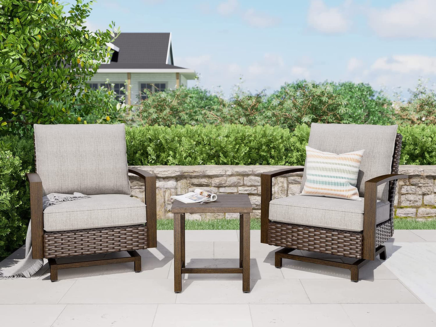 Grand Patio Outdoor 3-Piece Aluminum Conversation Furniture Sofa Set PE Wicker Stationary Rockers with Wood Grain Finish and Coffee Table, Removable Olefin Cushion Dark Brown Conversation Sets Lawn & Garden Patio Patio Furniture & Accessories Patio Furniture Sets