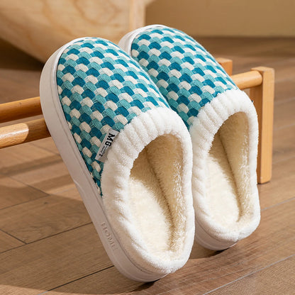 Fuzzy Woven Gingham Plush House Slippers
