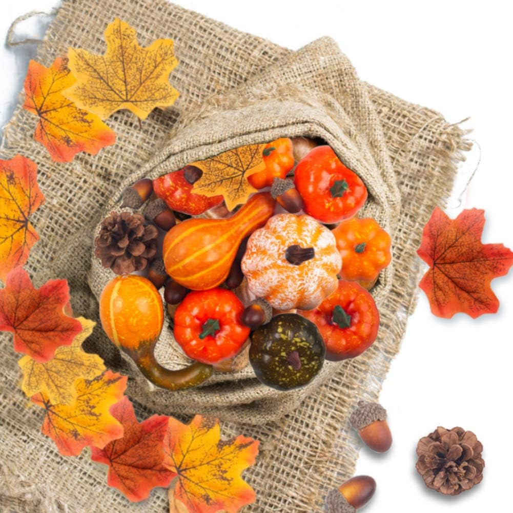 Domestar 50 PCS Thanksgiving Artificial Pumpkins and Gourds Set, 8 PCS Fake Pumpkins, 12 PCS Pinecones and Acorns, 30 PCS Fake Maple Leaves Fall Wedding Tables Centerpieces Artificial Plants & Flowers Artificial Vegetables Home & Kitchen Home Décor Products