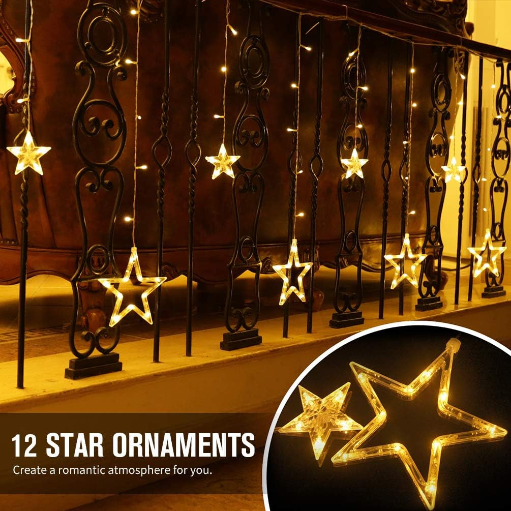 EEFOW Christmas Star Curtain Lights for Window - 138 LED 12 Stars String Lamp 8 Lighting Modes Fairy Xmas Decorations for Party Gift Outdoor Indoor Home Decor Bedroom Warm White US Plug