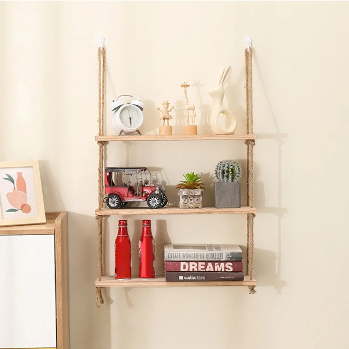 Wooden Rope Hanging Floating Shelf