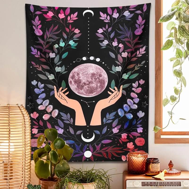 The Moon in the Hands Tapestry floral flowers moon