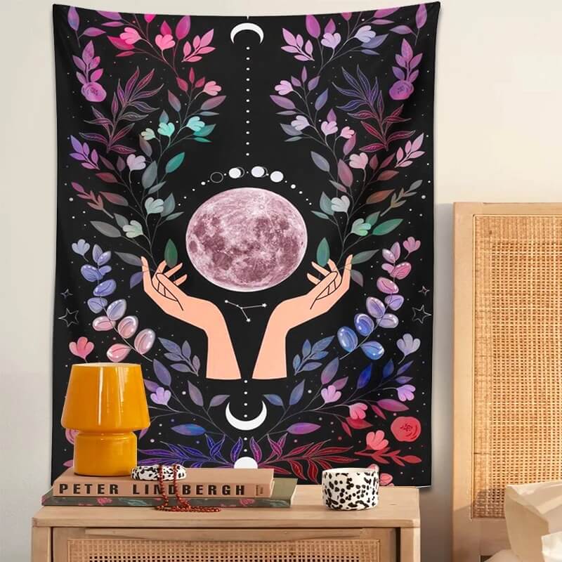 The Moon in the Hands Tapestry floral flowers moon