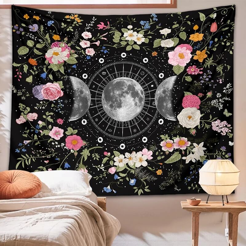 Floral Triple Moon Phases Tapestry floral flowers moon