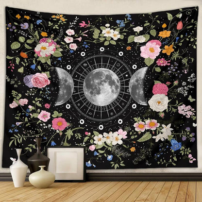 Floral Triple Moon Phases Tapestry floral flowers moon