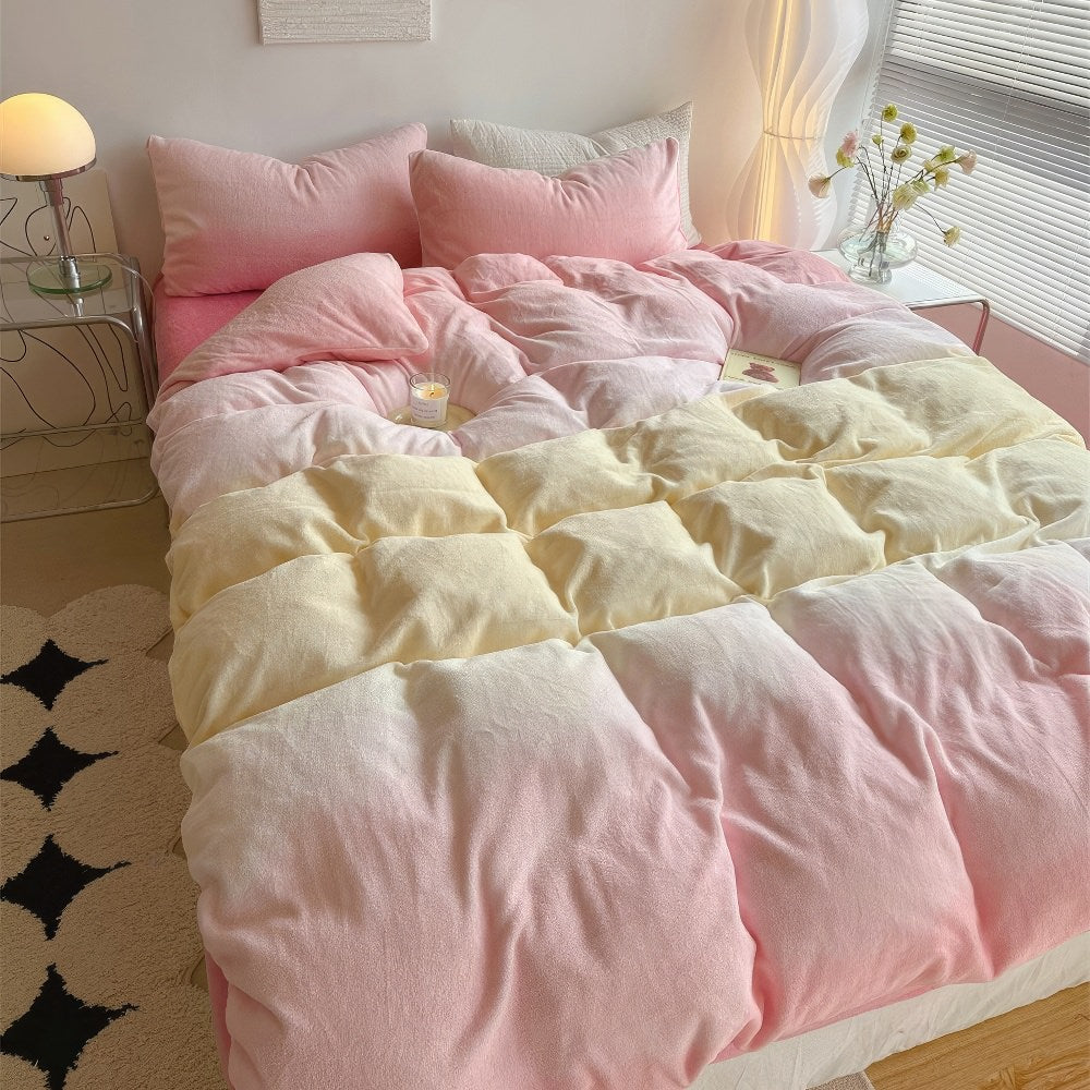 Pastel Pink to Yellow Gradient Fleece Bedding Set