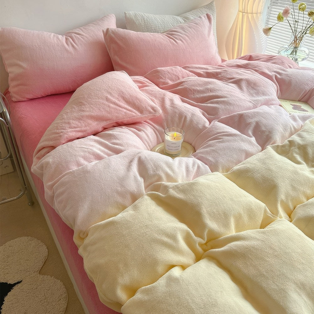 Pastel Pink to Yellow Gradient Fleece Bedding Set