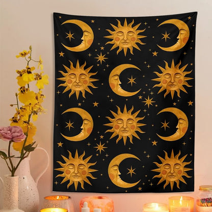 Golden Sun & Moon Tapestry astrological astrology SUB CATEGORY_Tapestries witchy zodiac