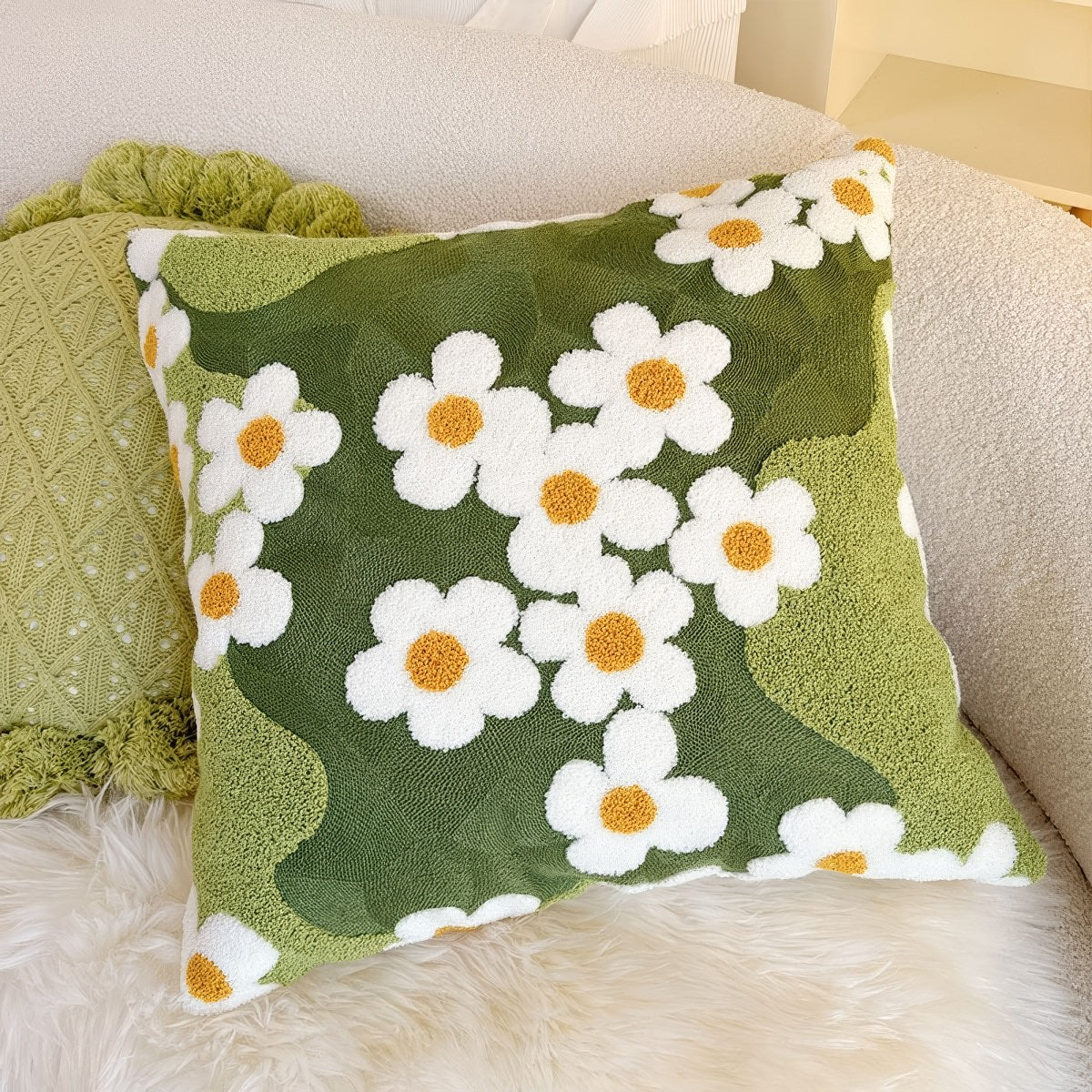 Green Garden Daisies Embroidered Cushion Cover
