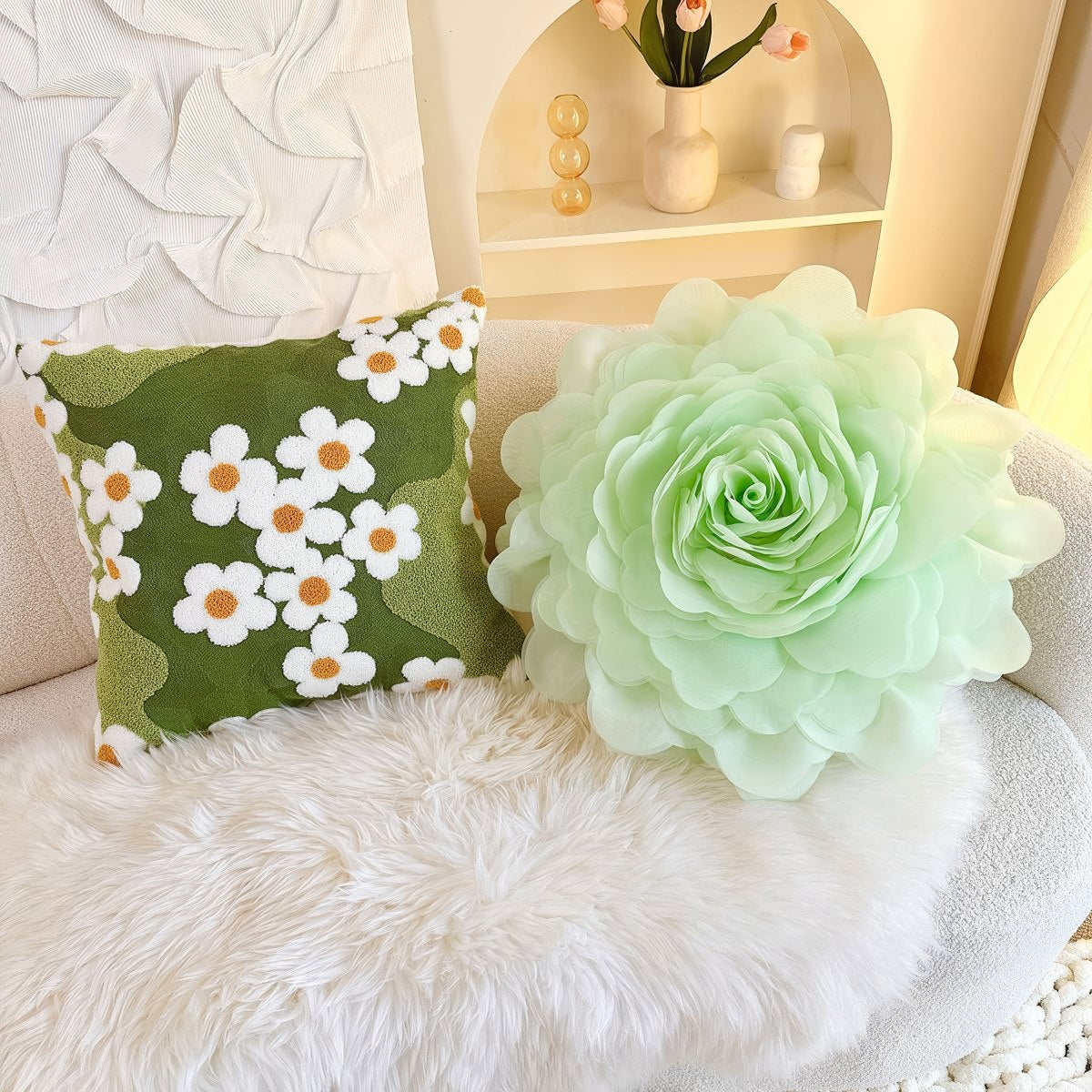 Green Garden Daisies Embroidered Cushion Cover